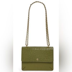 Tory Burch Robinson Crocodile-embossed Convertible Shoulder Bag, Olive